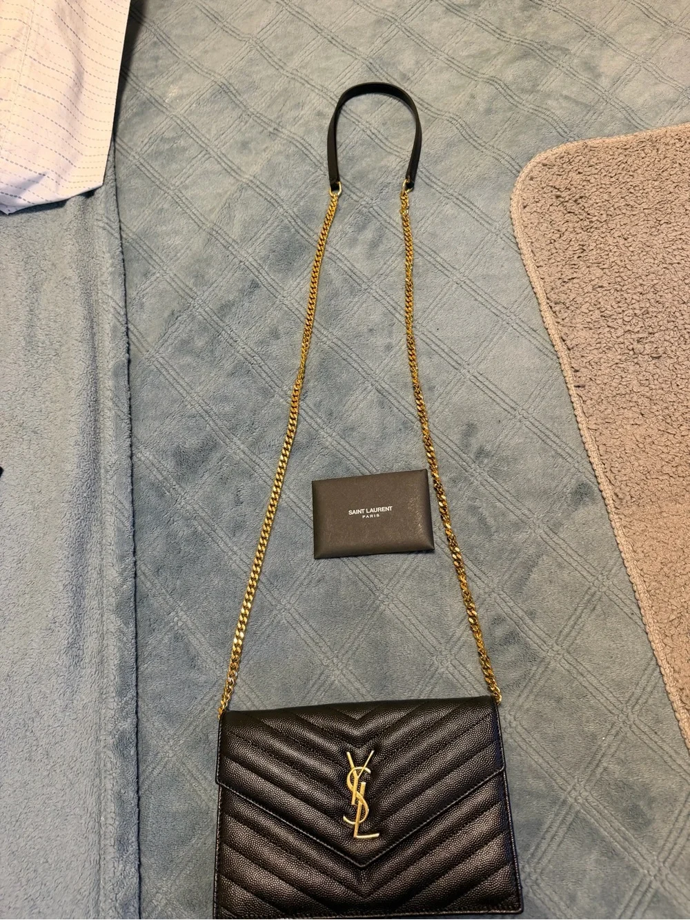 Saint Laurent Black Quilted Leather Chain Wallet - Black/Gold with box